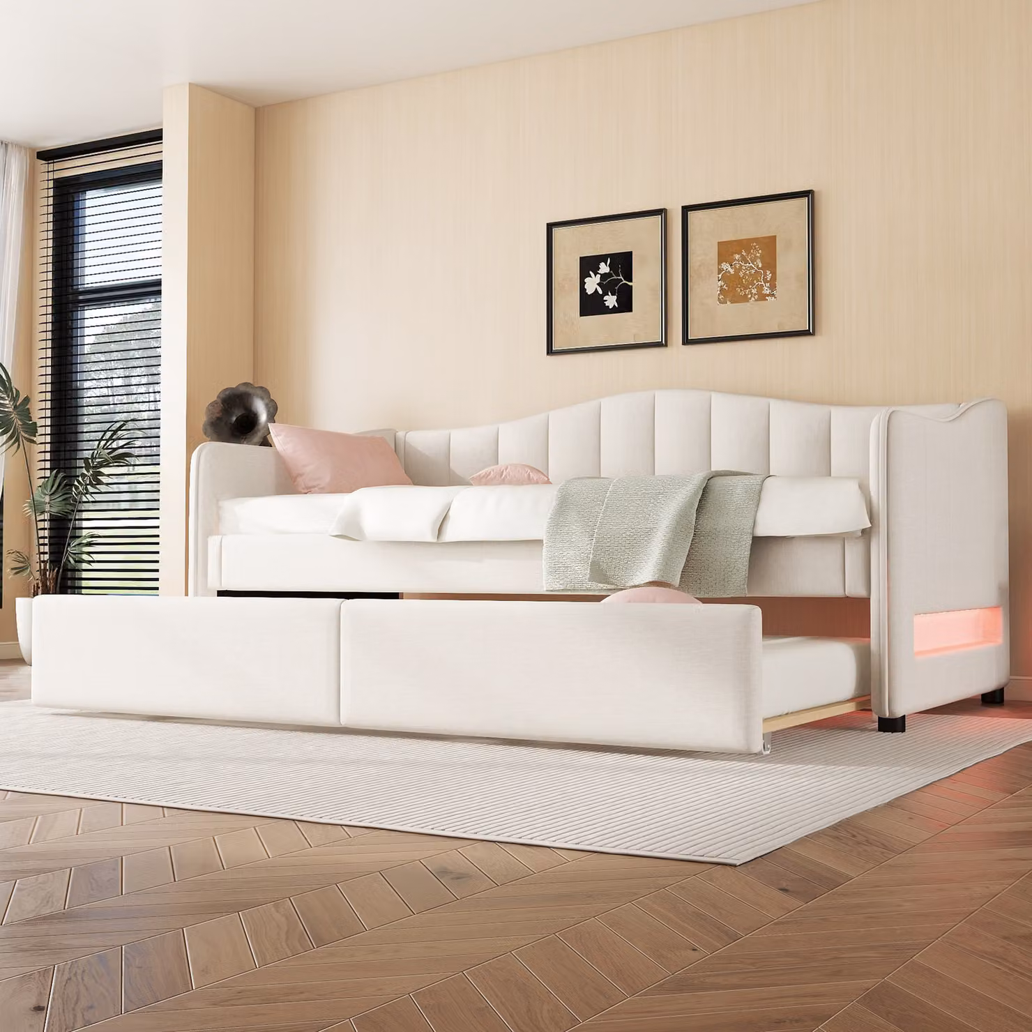 Letto imbottito Flieks 90x200cm con letto estraibile, divano letto da giorno con LED, divano letto funzionale letto per giovani letto per ospiti, biancheria, beige