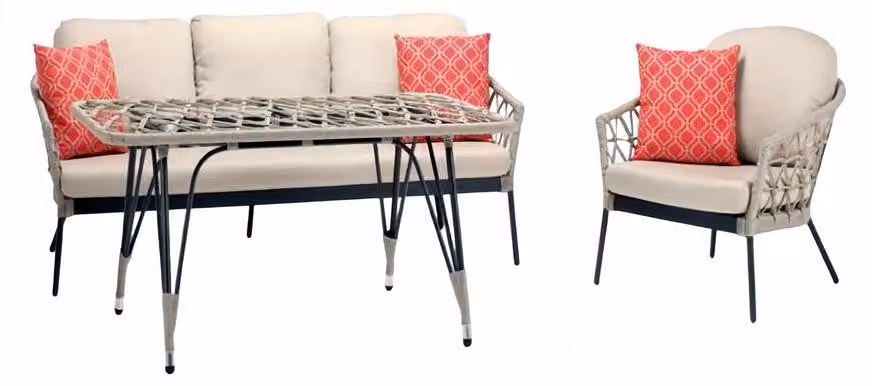 Sofagarnitur Beige Rattan Luxuriöse Sofa 3 Sitzer Moderner Sessel Couchtisch