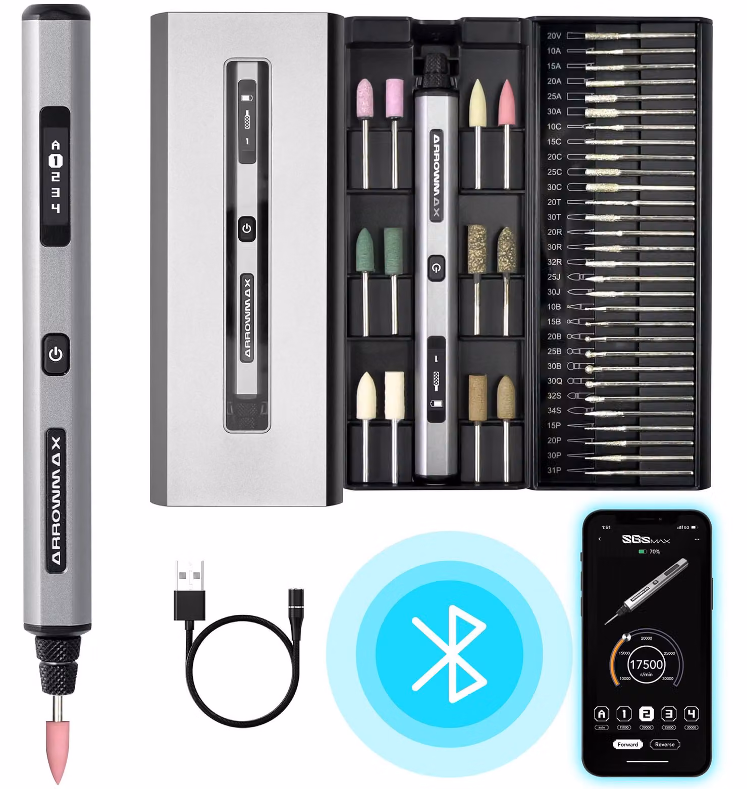 Penna elettrica per incisione, wireless - Set da 42 pezzi - Caricabatterie magnetico - 5 Volt
