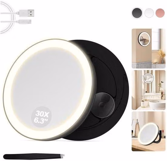 Specchio da parete illuminato, con ingrandimento 30x, intensità regolabile, nero