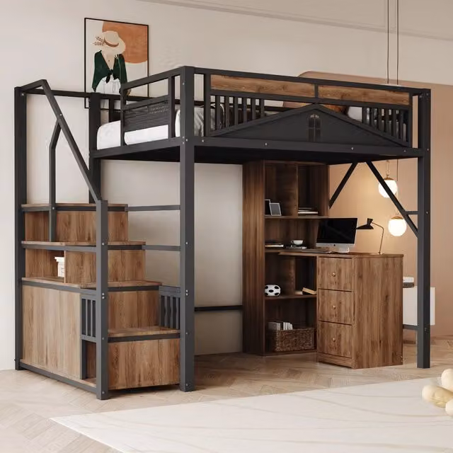 Letto a Soppalco in Metallo ¨C MINIMAL ¨C Nero 140x200 con Finestra e Armadietto