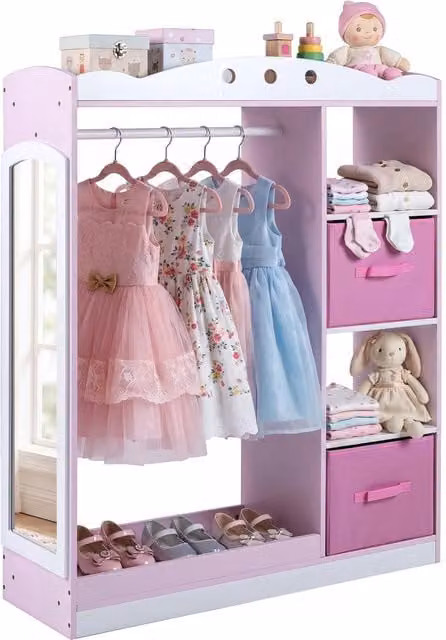 Guardaroba per bambini DESIGN IN con asta appendiabiti, scaffali interni e specchio, Rosa e Bianco