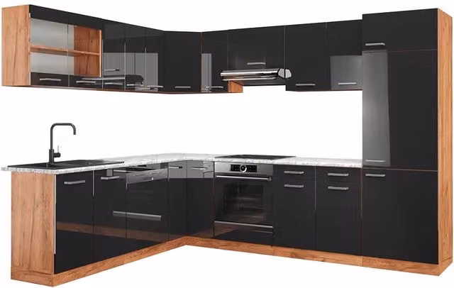 Cucina angolare completa Vicco R-Line moderna in antracite lucido e rovere dorato L/P/H: 287 x 227 x 60 cm