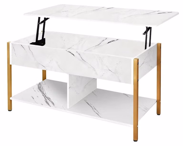 Tavolino da salotto con piano sollevabile - Design rettangolare in legno - Spazio di stoccaggio nascosto - Ripiani aperti - Cassetti - Aspetto marmorizzato
