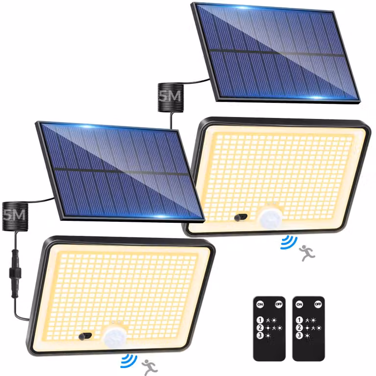 Lampada solare da esterno con sensore di movimento, set da 2, grado di protezione IP65, 2000 lumen, luce bianco caldo