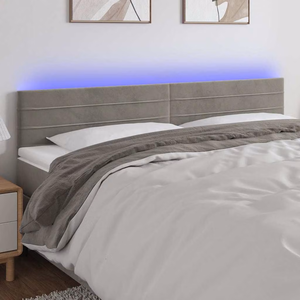 Testiera con LED e porta USB vidaXL in velluto grigio, L: 200 cm, H: 78-88 cm, P: 5 cm