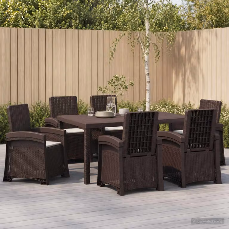 Set da pranzo per giardino e terrazza vidaXL in rattan sintetico da 7 pezzi, marrone e grigio