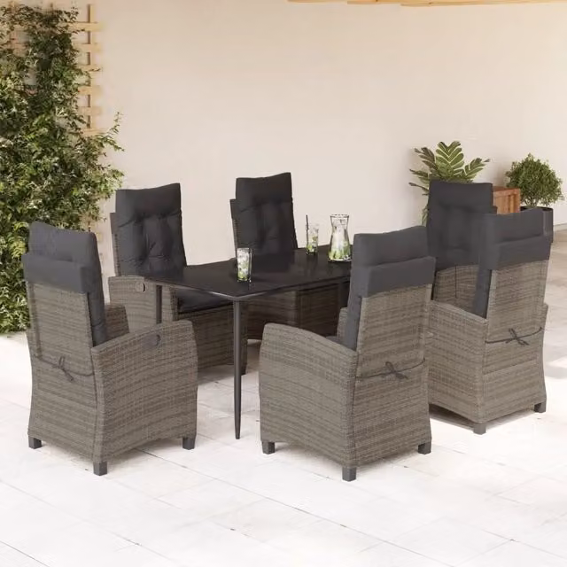 Set da Pranzo da Giardino VIDAXL in Polyrattan Grigio e Nero con Piano in Vetro, 7 Pezzi