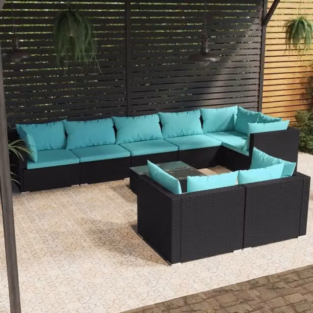 Set Salotto da Giardino a L con Cuscini vidaXL, Colore Nero e Blu, in Polyrattan con Tavolino e Struttura in Metallo
