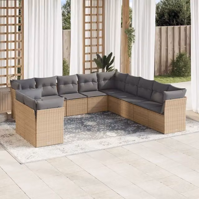 Set di Divani da Giardino VIDAXL a Forma di U in Polyrattan con Cuscini Beige, 11 Pezzi