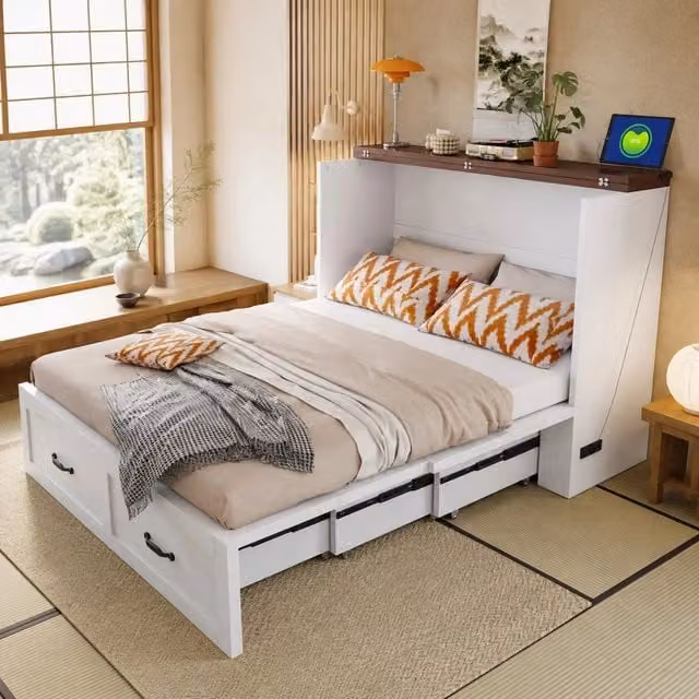 Letto salvaspazio pieghevole 140x200 cm con struttura in metallo, vano contenitore e presa elettrica integrata, bianco