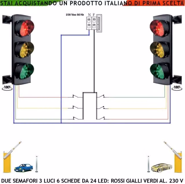 Semaforo a 3 Luci LED Securvera per Ingresso Controllato, Colore Rosso, Giallo e Verde, Struttura in Alluminio, Alimentazione 230V, Grado di Protezione IP65, Montaggio a Parete
