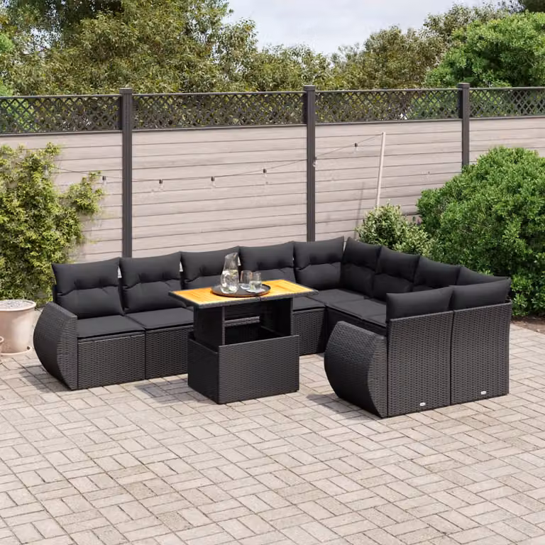 vidaXL Set Divani da Giardino a Forma di L in Polyrattan Nero con Cuscini e Tavolino da Esterno
