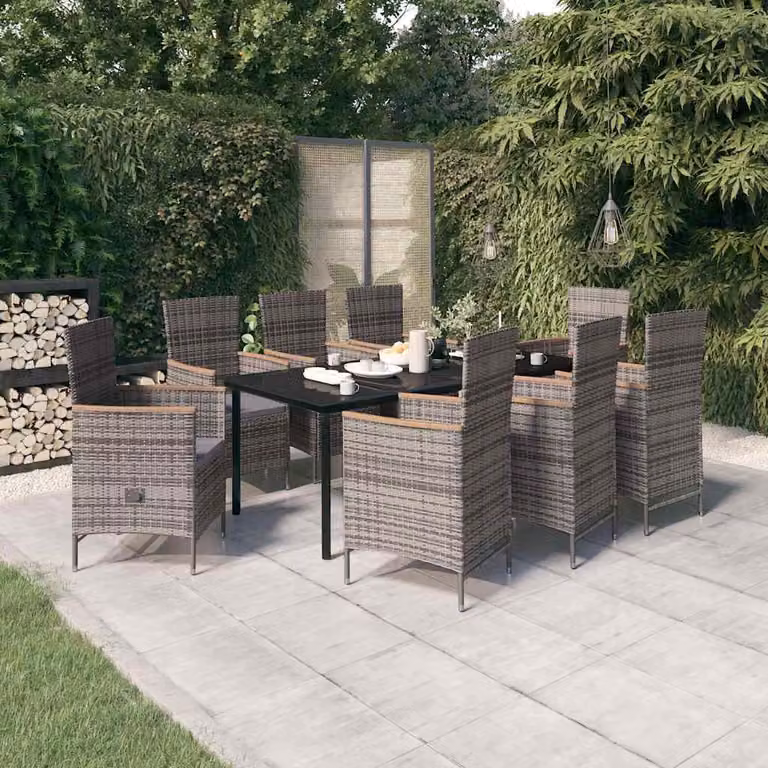 Set da pranzo da giardino vidaXL in polyrattan e legno di acacia con tavolo in vetro, 9 pezzi, Grigio e Nero
