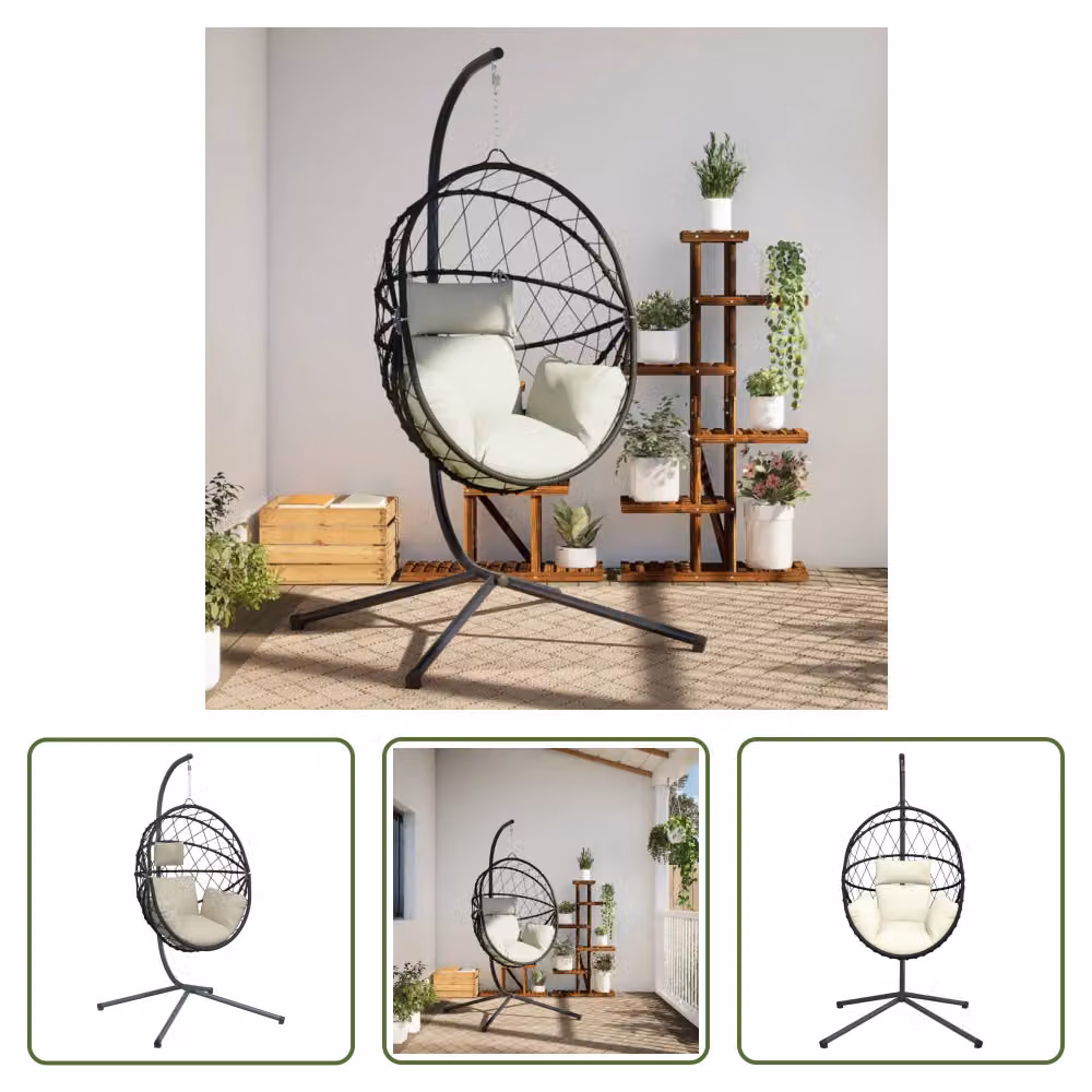 The Living Store Sedia sospesa Egg Design con supporto in rattan e acciaio beige