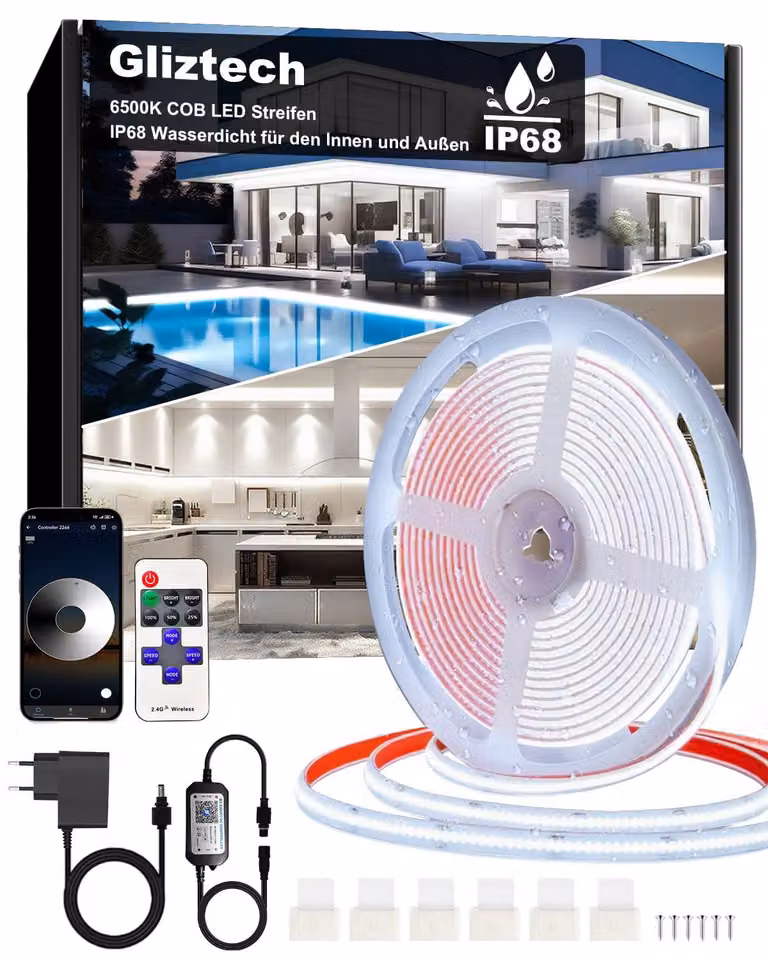 Striscia LED COB, grado di protezione IP68, 15 metri, 24V, dimmerabile, controllo tramite app e telecomando, temperatura di colore 6500K