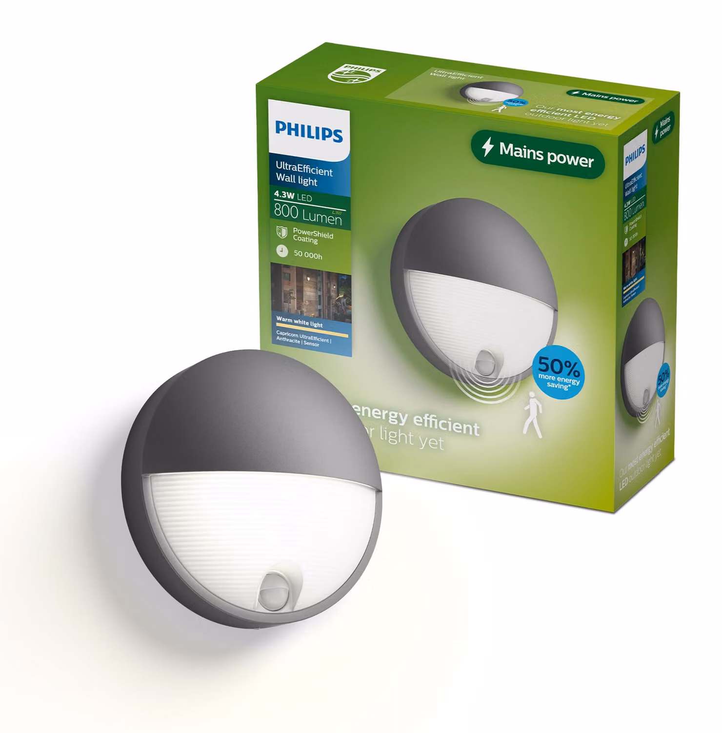 Lampada da parete Philips Capricorn, 4,3 W, antracite, alluminio, classe II, design moderno, ideale per garage, giardino, terrazza, dotata di sensore di movimento e sensore di luminosità (giorno/notte)