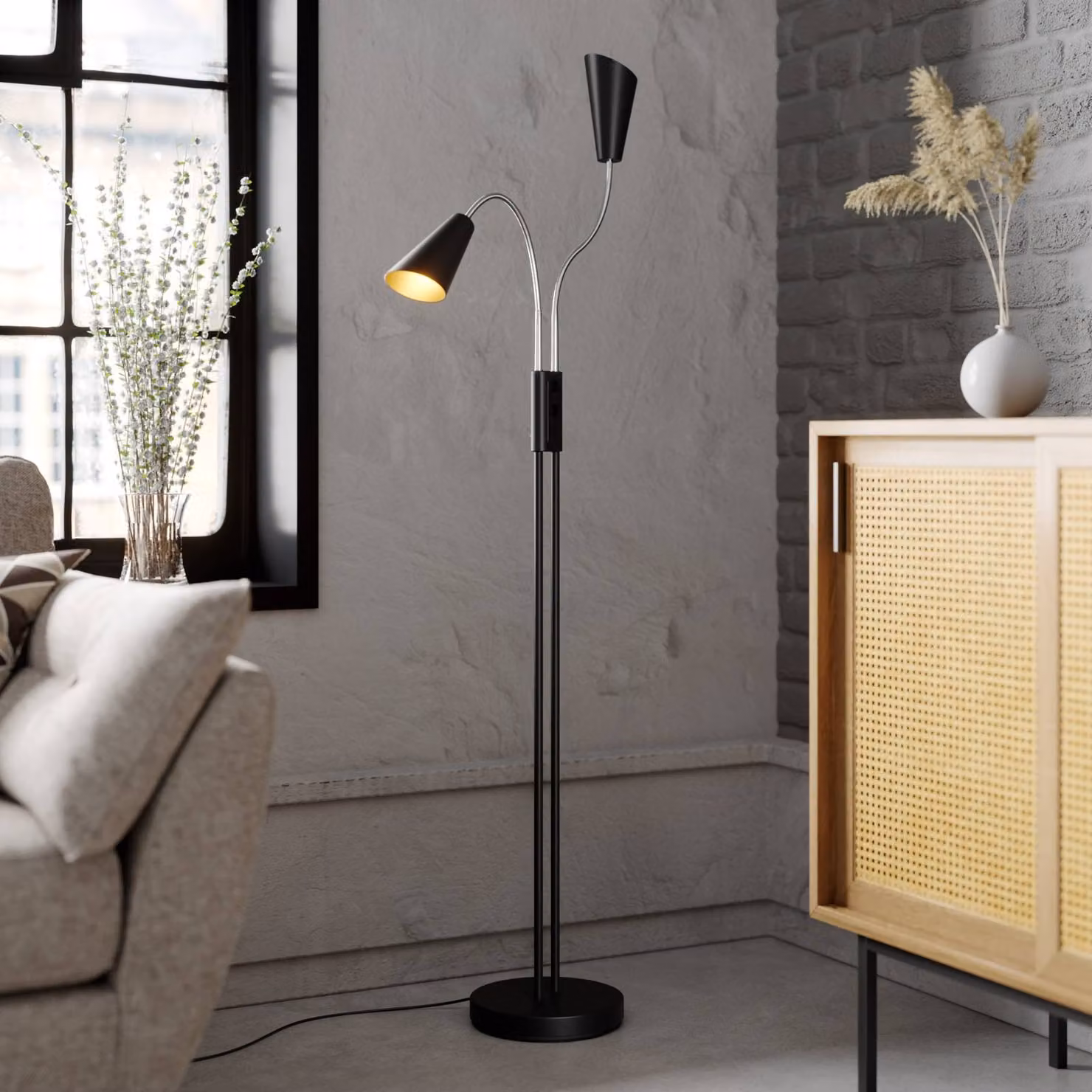 Lampada da terra Medira Lucande, Nero, Soggiorno / Sala da pranzo, Metallo, Moderno, Lampada da terra