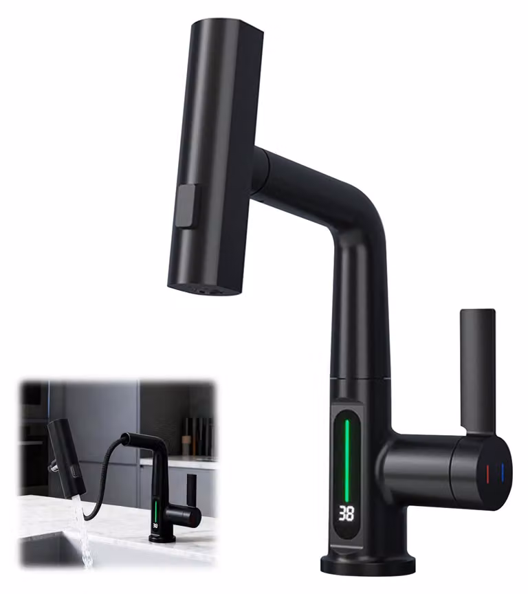 Rubinetto da cucina con doccetta estraibile, LED, 3 modalità, colore nero
