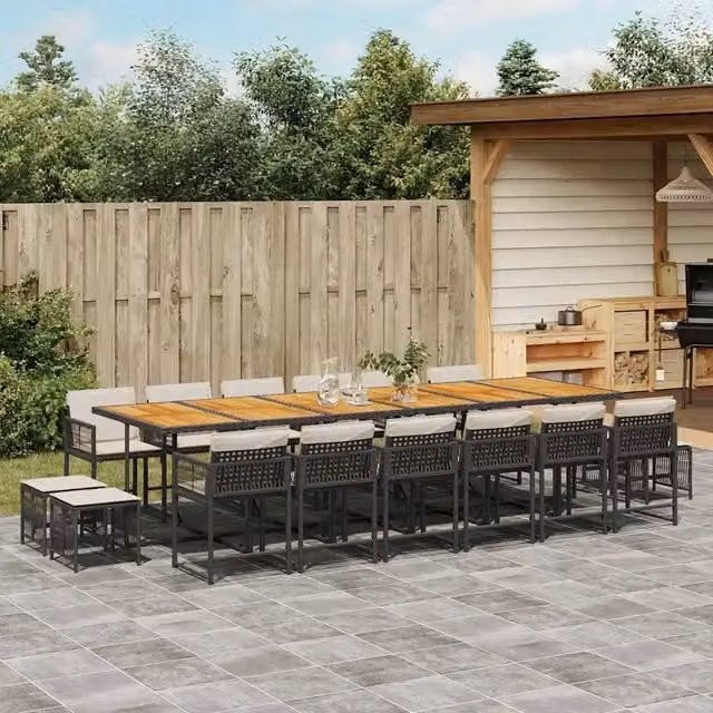 Set da pranzo da giardino vidaXL in polyrattan nero con cuscini e tavolo in legno di acacia, 17 pezzi