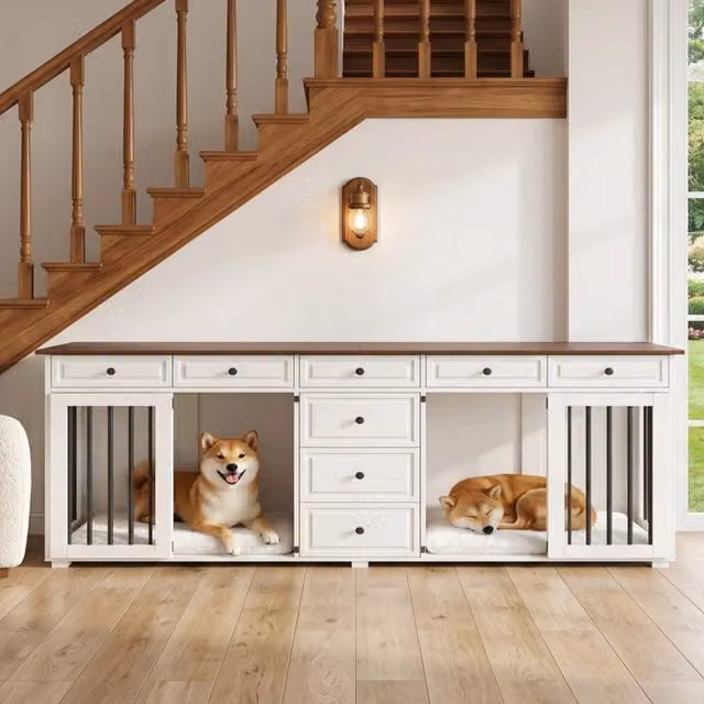Mobile per cani WISHDOR con 8 cassetti in MDF e metallo, bianco e marrone, L: 200 cm, P: 60 cm, H: 85 cm