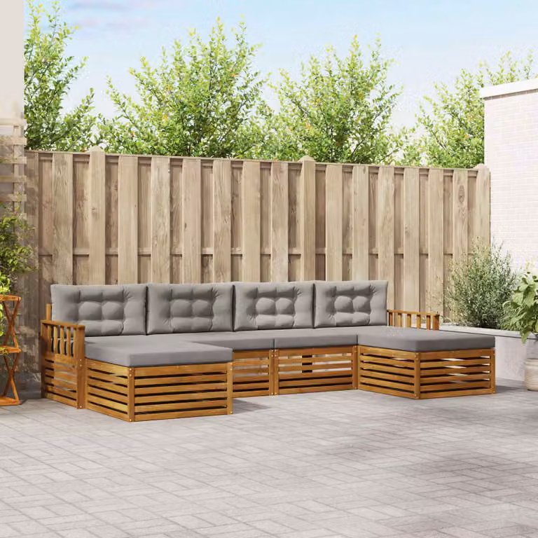 Set di divani da esterno vidaXL a forma di L composto da 6 pezzi in legno di acacia con cuscini inclusi, colore grigio e marrone