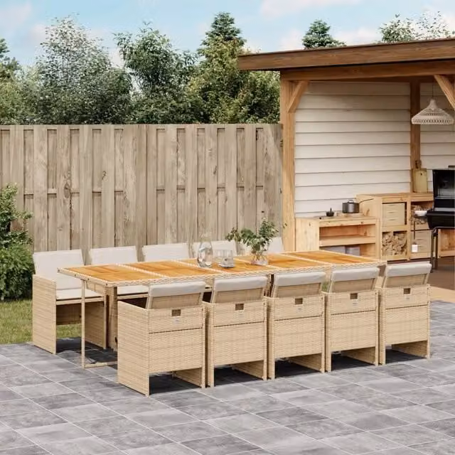 Set da pranzo da giardino vidaXL in polyrattan e legno di acacia con 11 pezzi e cuscini beige