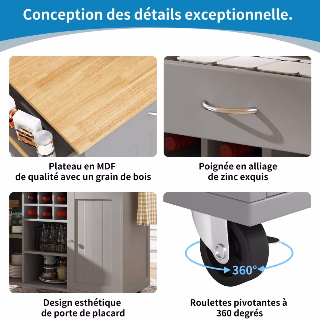 Carrello da cucina moderno REDOM in MDF e metallo grigio con ruote L/P/H: 102 x 45 x 92 cm – 2