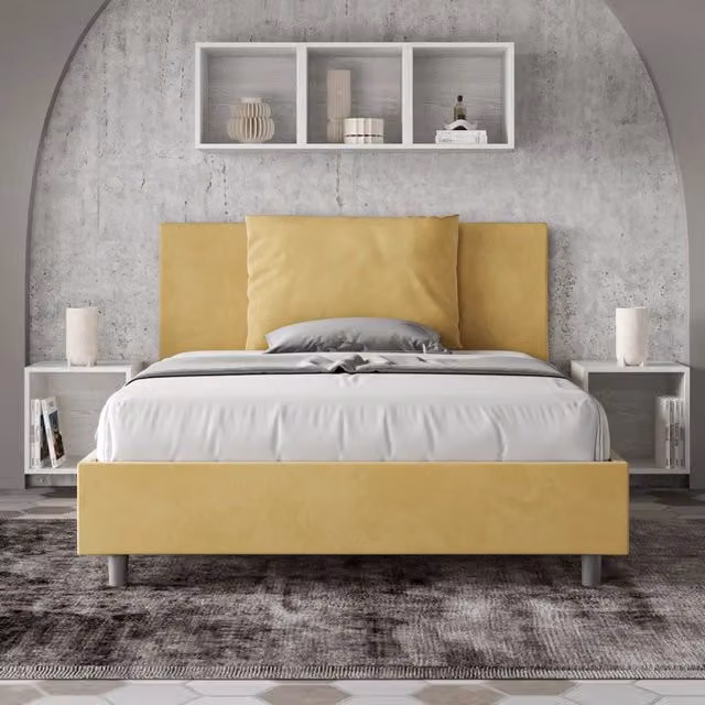 Letto una piazza e mezza contenitore Antea Ityhome imbottito in microfibra colore giallo L: 130 cm, P: 210 cm