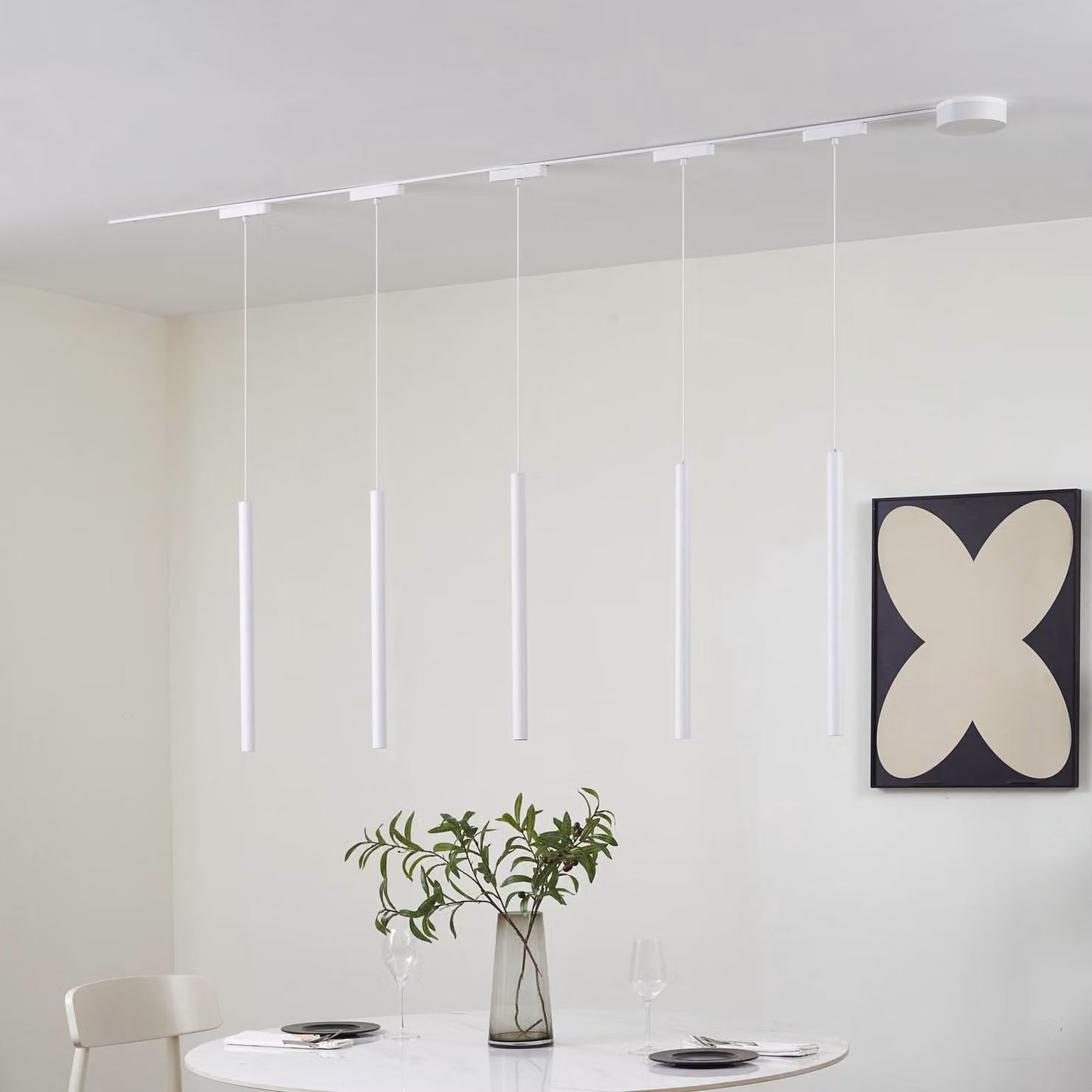 Sistema a binario 48V Lumaro, pendente, lampadina tubolare, 5 luci, bianco, Lumaro Lindby, dimmerabile, Bianco / Opale, Soggiorno / Sala da pranzo, Alluminio, Moderno