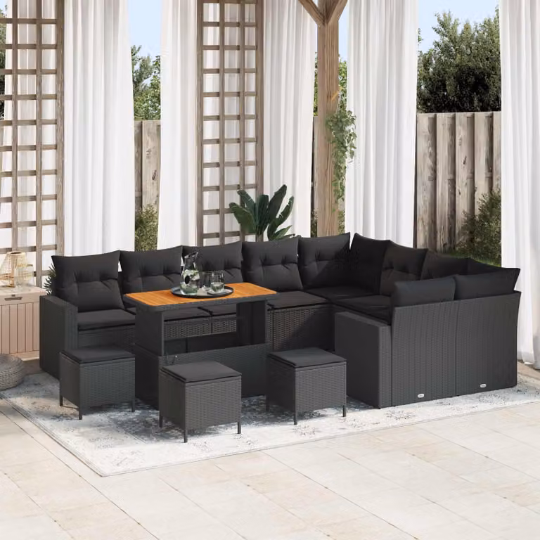 vidaXL Set Divano da Giardino a Forma di U in Polyrattan Nero con 14 Pezzi e Cuscini