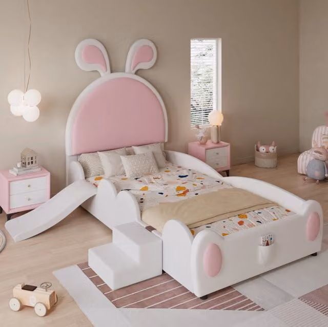 Letto Singolo Imbottito per Bambini con Scivolo e Scaletta, Testiera con Orecchie di Coniglio, Legno e PU, Bianco e Rosa, 90x200 cm