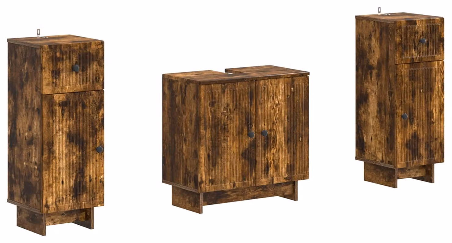 Set di due mobili da bagno in legno impiallacciato effetto rovere fumé