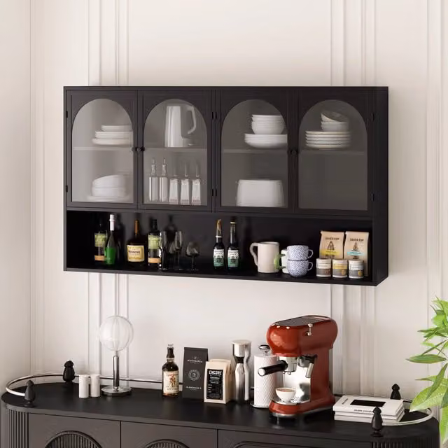 Mobile pensile con 4 ante in vetro e metallo per cucina e soggiorno nero 120 × 23 × 70 cm
