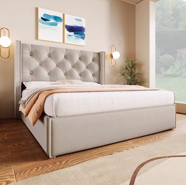 Letto matrimoniale 160x200 cm; contenitore sollevabile; cotone; grigio chiaro (Senza materasso)
