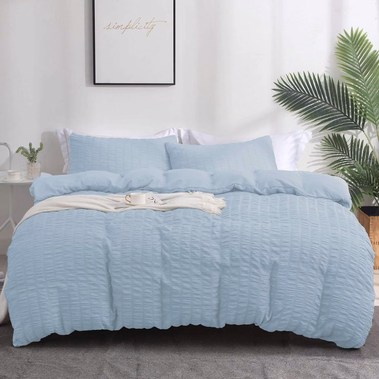 Set di lenzuola in mussola di cotone, colore blu, dimensioni 200x200 cm, con 2 federe 80x80 cm. Tessuto traspirante, fresco, in microfibra con chiusura a zip