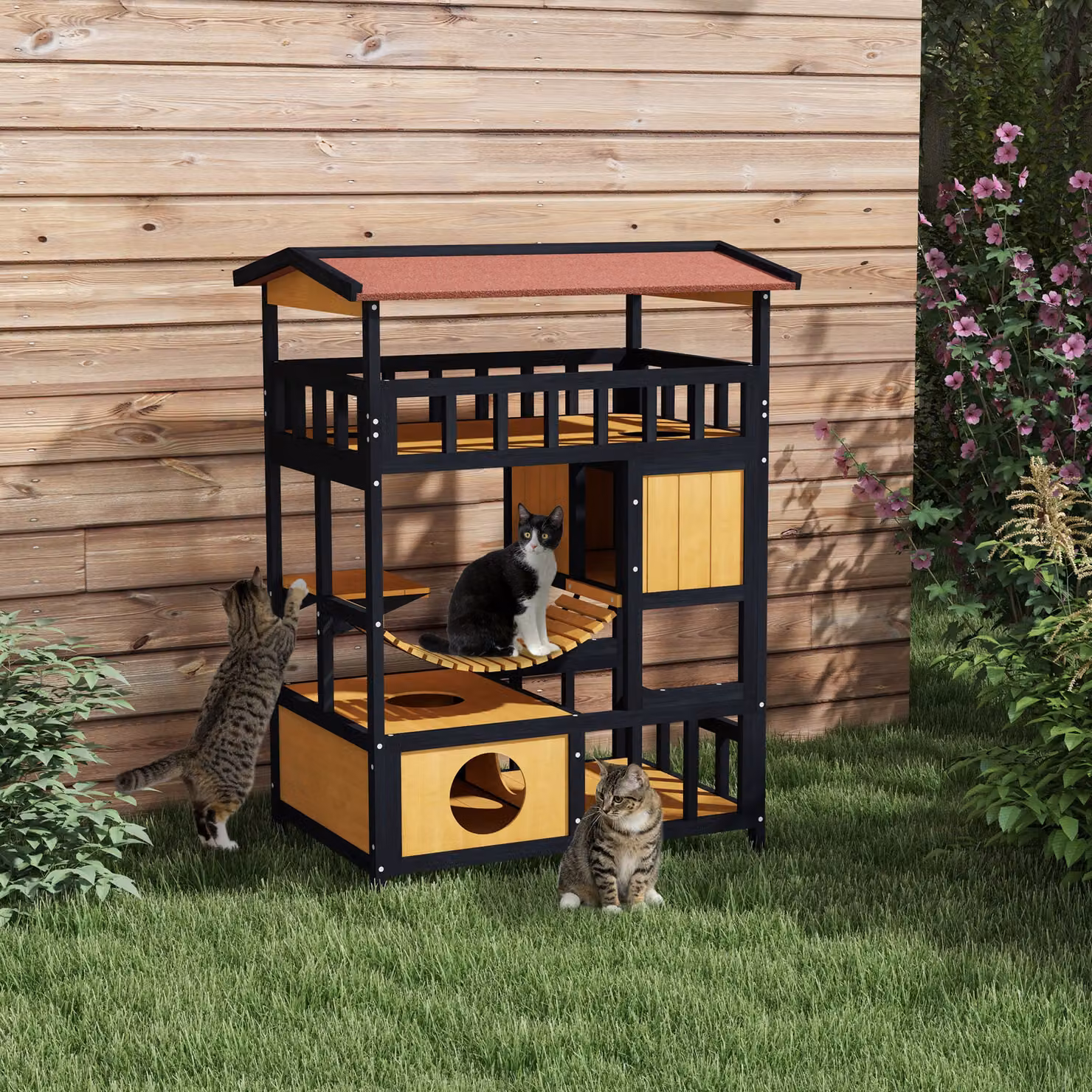 Casa per gatti PawHut in legno di pino giallo con piattaforme, ponte oscillante e grotte, ideale per 2 gatti – 2