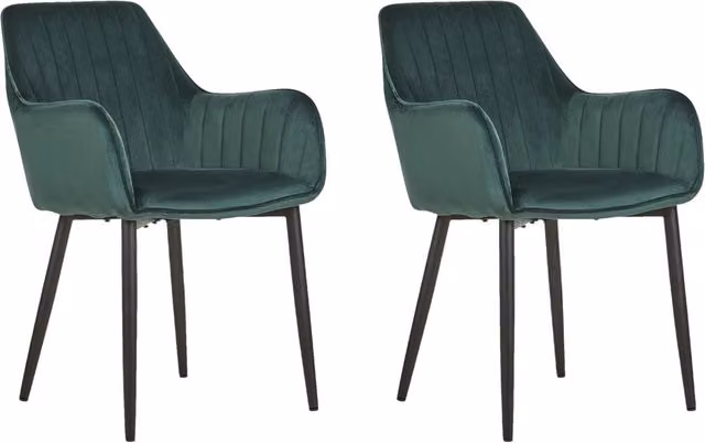 Set di 2 sedie da pranzo Beliani con braccioli in velluto verde e gambe in metallo nero stile glamour – 1