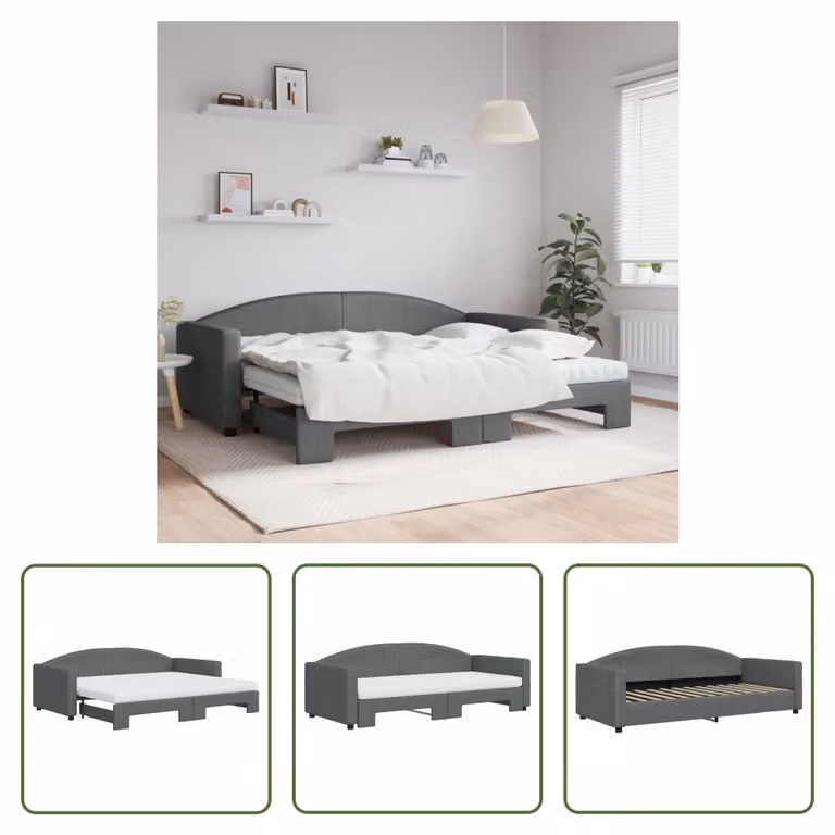 The Living Store Letto da giorno allungabile con materassi grigio scuro 90x200 cm in tessuto