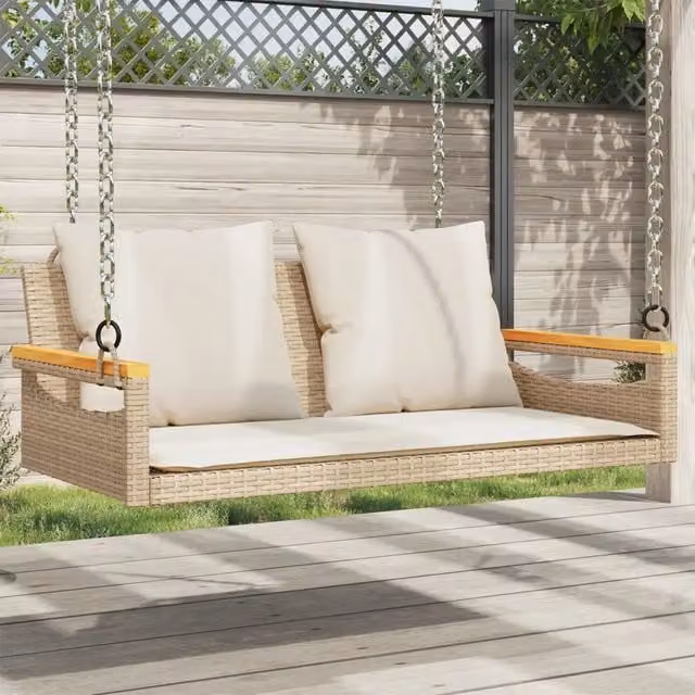 Panchina a dondolo vidaXL in polyrattan con cuscini beige e struttura in legno di acacia, L: 109 cm, P: 62 cm, H: 40 cm