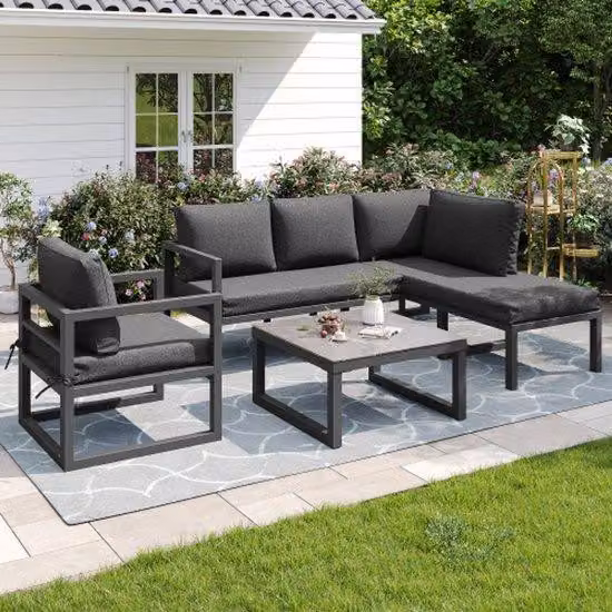 Set di mobili da giardino, set di lettini da giardino, panca angolare con struttura in acciaio zincato, piedini regolabili, cuscini per seduta e schienale inclusi, grigio