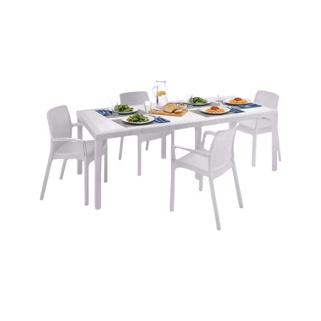 Set tavolo e sedie Arret DMORA da esterno con ripiano rettangolare allungabile, effetto rattan, colore bianco – 2