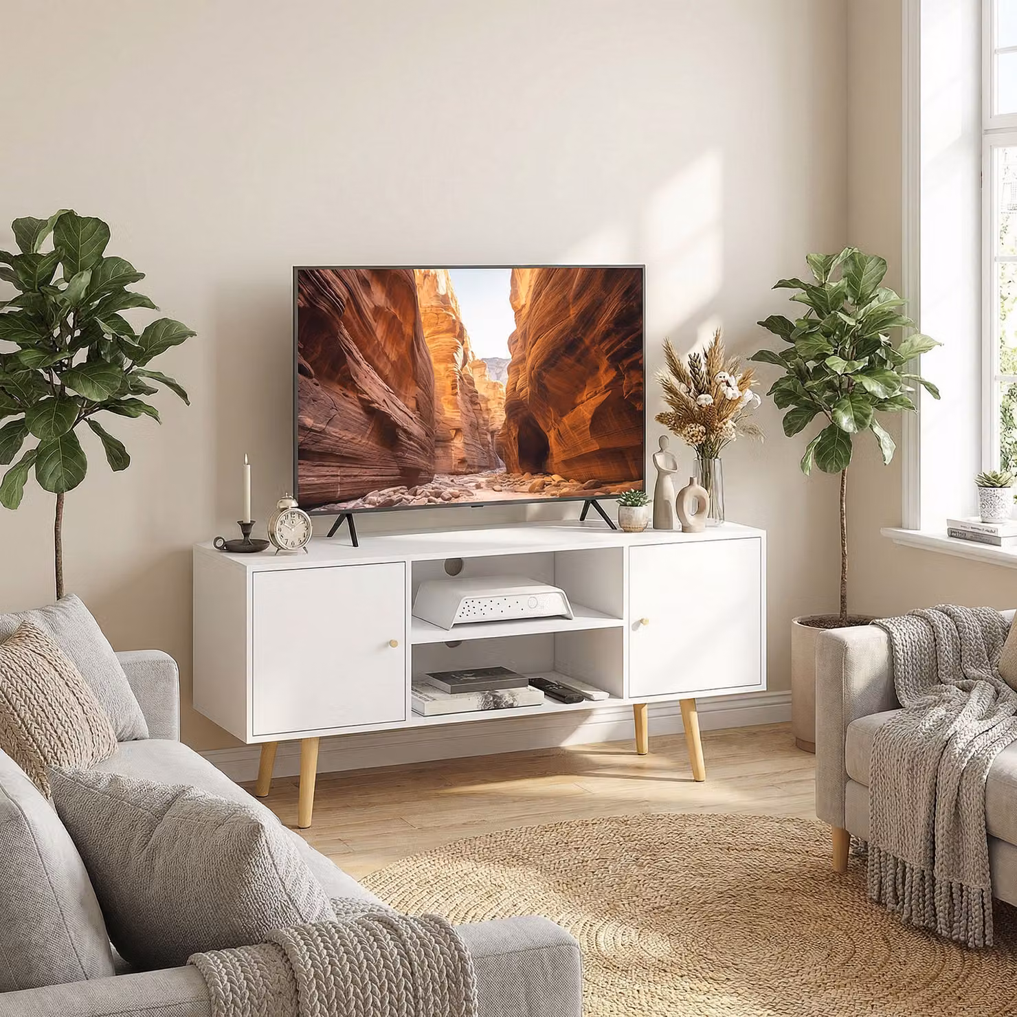 Mobile TV HOMCOM moderno in legno e truciolato bianco con 2 armadietti e 2 ripiani aperti per schermi fino a 55 pollici, L 120 cm x P 34 cm x H 50 cm – 2