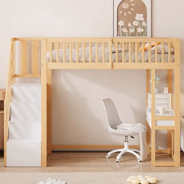 Letto a soppalco 90x200 con scrivania multifunzione e scale contenitore sicure; Struttura in legno di pino massiccio; Bianco
