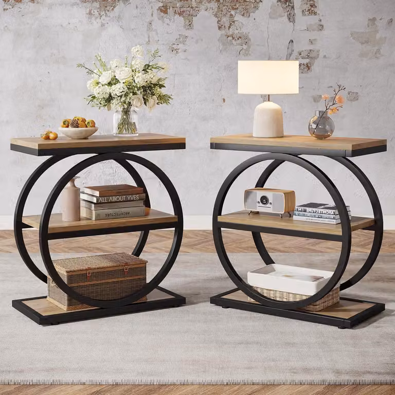 Set di 2 tavolini laterali, stile industriale, con 3 ripiani, legno di quercia e metallo