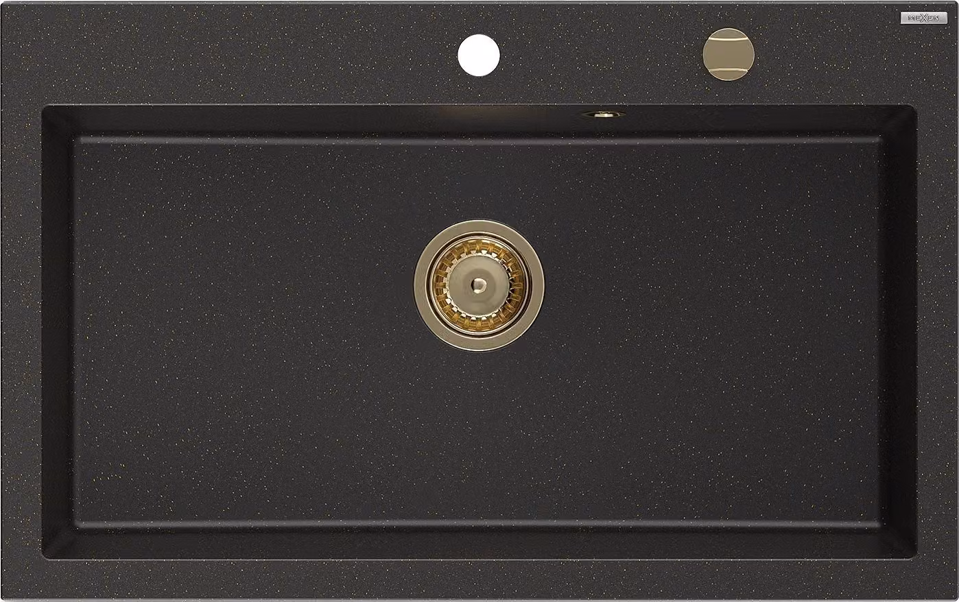 Mexen Elix lavello in granito a 1 vasca 800 x 500 mm, nero/oro metallizzato, sifone oro - 6527801005-75-G