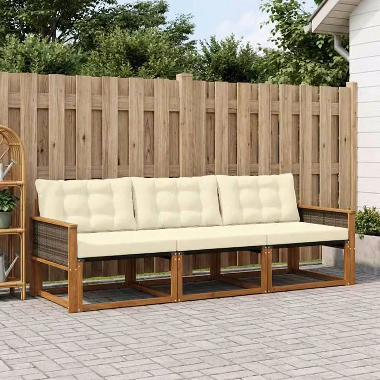 Set di divani da esterno vidaXL 3 pezzi in legno di acacia con cuscini beige e crema