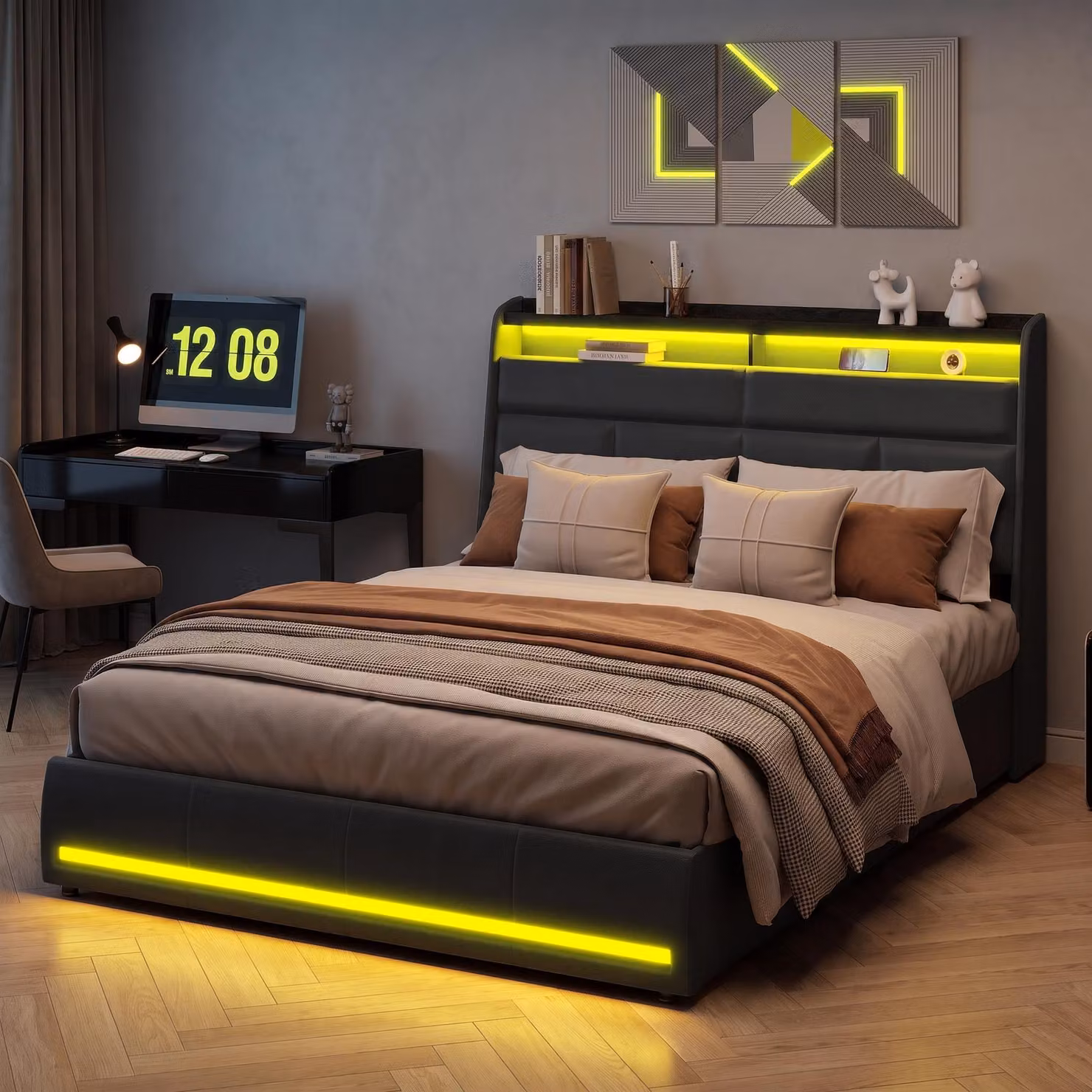 Letto imbottito INONEFT, 160x200 cm, con illuminazione a LED e spazio contenitore, letto a una piazza o a due piazze con rete a doghe e contenitore, letto con sistema idraulico, rivestito in PU, colore nero