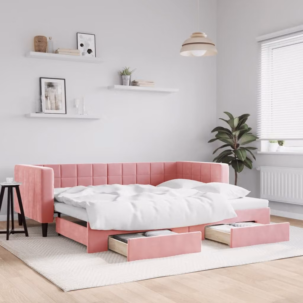 vidaXL Divano Letto Estraibile in Velluto Rosa con Cassetti L/P/H: 90 x 200 x 68 cm