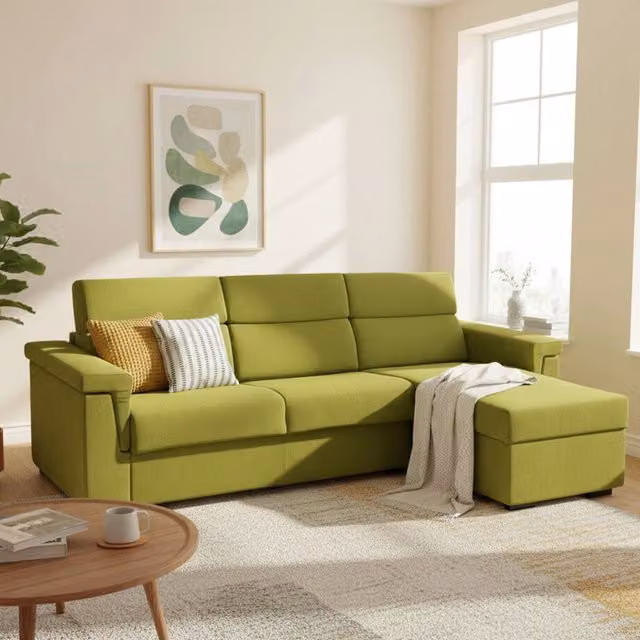 Divano Letto Esca DMORA con Penisola Sfoderabile Made in Italy, Verde, L/P/H: 285 x 160 cm